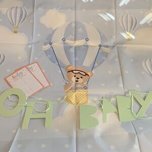 Blue Baby Shower Back Drop Bear in a Hot Air Balloon, Oh Baby Sign, & Games